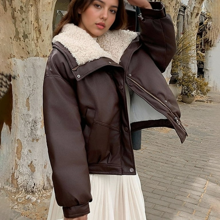 BVOFAR Faux Leather Jackets for Woem Sherpa Lapel Puffer Cropped