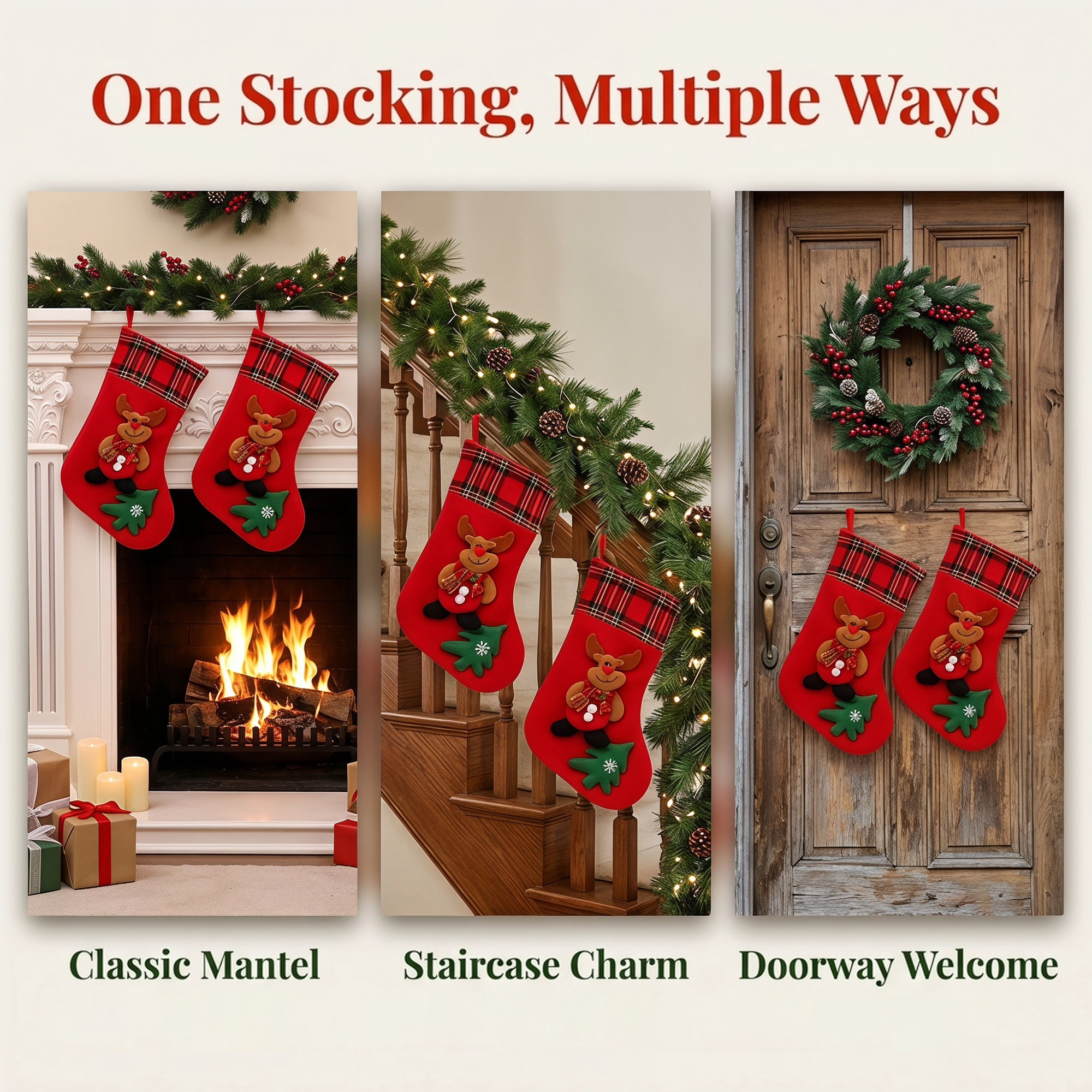 Unique Bargains Playful Cartoon Christmas Stockings Sideboard Rail Accents Red Deer 12"