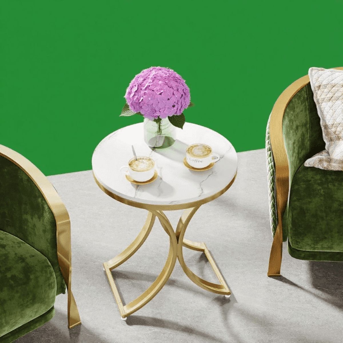 Round Side Table with White Marble Top & Gold Base, Small End Table for Sofa, Bedroom, Living Room