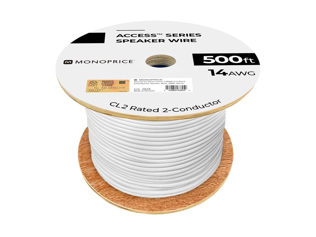Monoprice Speaker Wire, CL2 Rated, 2-Conductor, 14AWG, 500ft, White