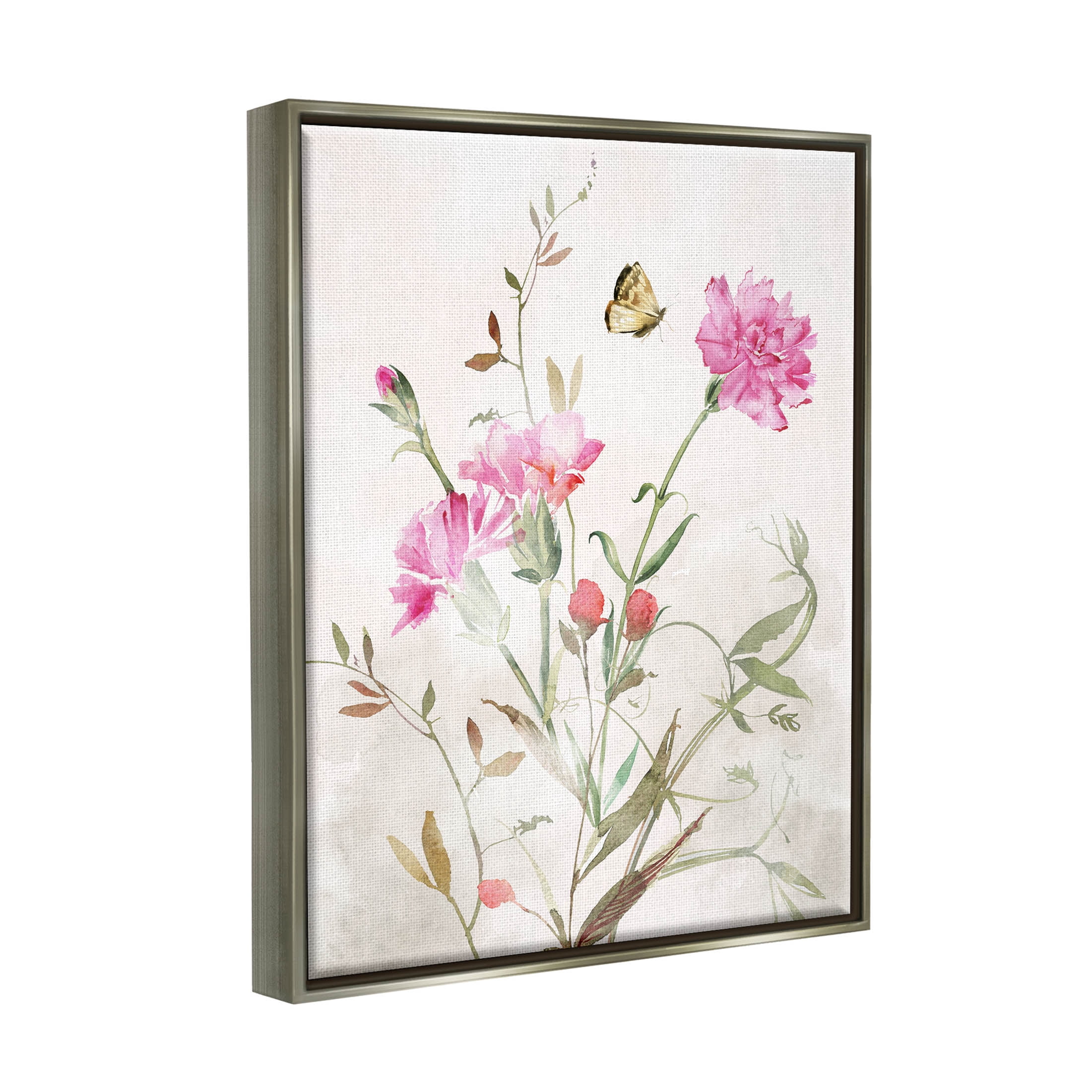 Stupell Industries Butterfly Floral Garden Carnations Graphic Art Luster Gray Floating Framed Canvas Print Wall Art, Design by Nina Blue