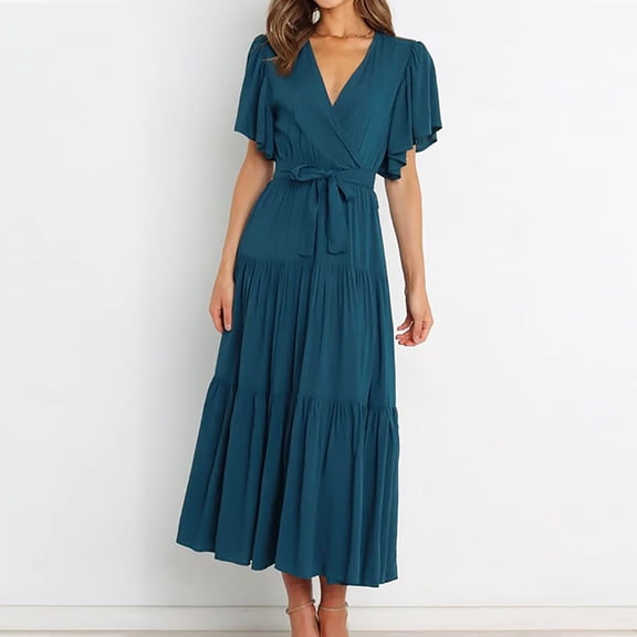 ClodeEU Women's V Neck Short Sleeve Maxi Dress with Belt and Flared Hem ,Solid Color Casual Loose Fit Beach Dress Green,Womens Plus XXL