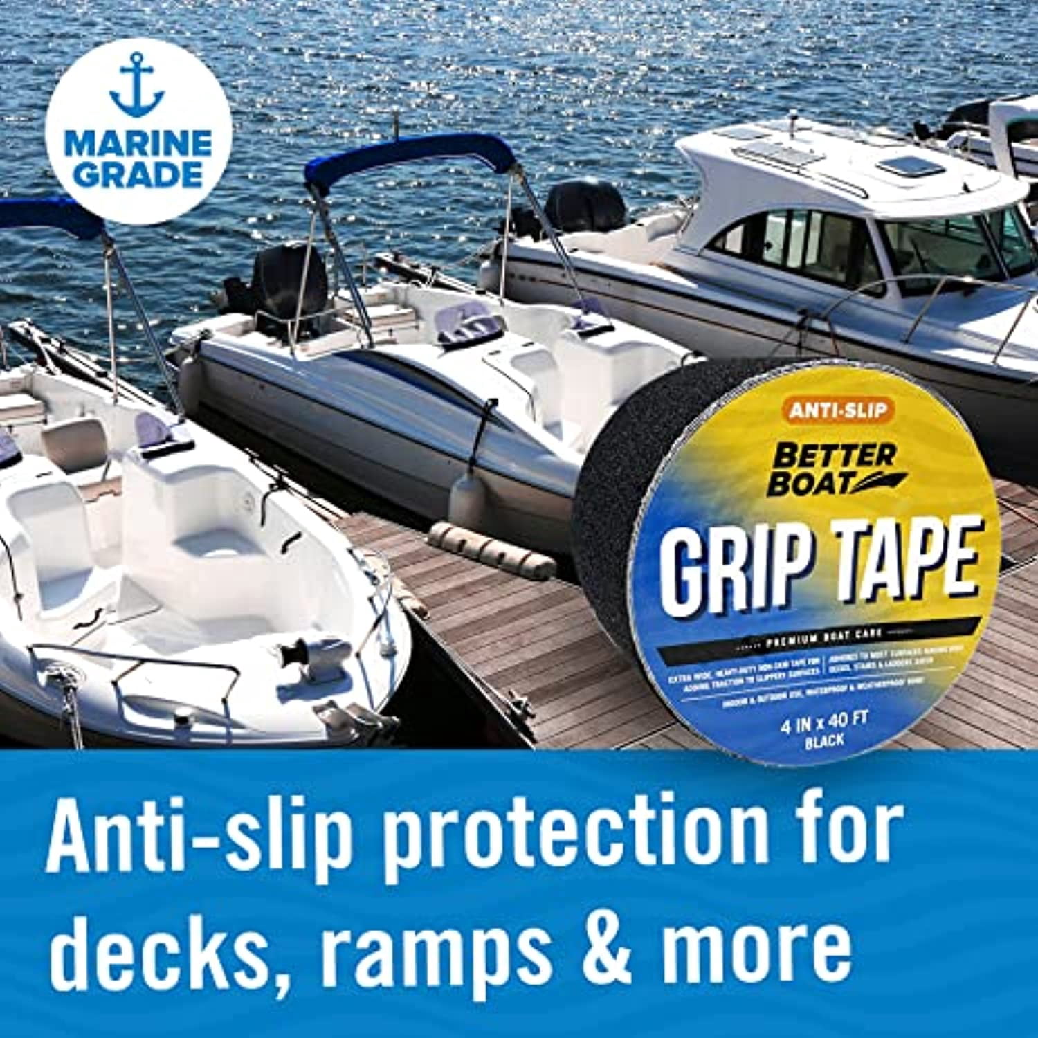 Better Boat Anti Slip Outdoor Stair Treads, Waterproof Non-Skid Grip, 4 Inch x 40 Foot Roll, Black