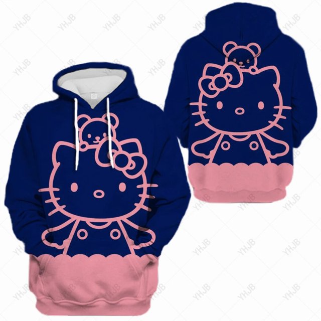 2023 Décontracté Printemps Automne Femmes Chandail à Capuchon Dessin Animé Hello Kitty Imprimé Col Rond Manches Longues Mode Ample Chandails à Capuchon Longs Hauts HOEMLIN