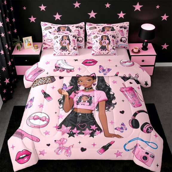 Erosebridal Cute Black Girls 7-Piece Twin Bedding Sets,Kids Lipstick Cosmetics Pink Sequin Print Stars Bedding Comforter Set,Reversible Pink