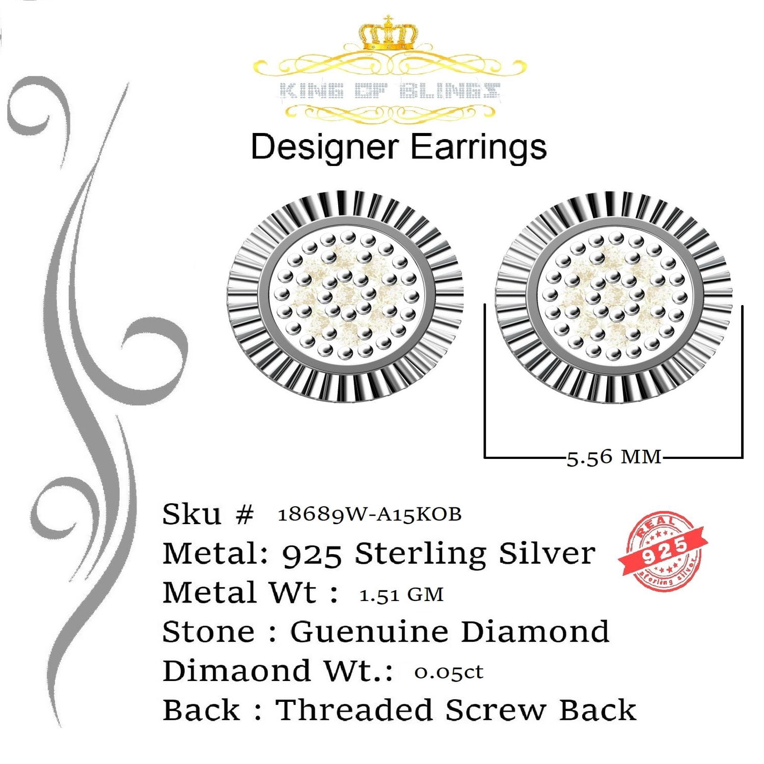 King of Bling's 925 Sterling Silver 0.05ct Diamond For Women's/ Men's White Stud Round Earrings