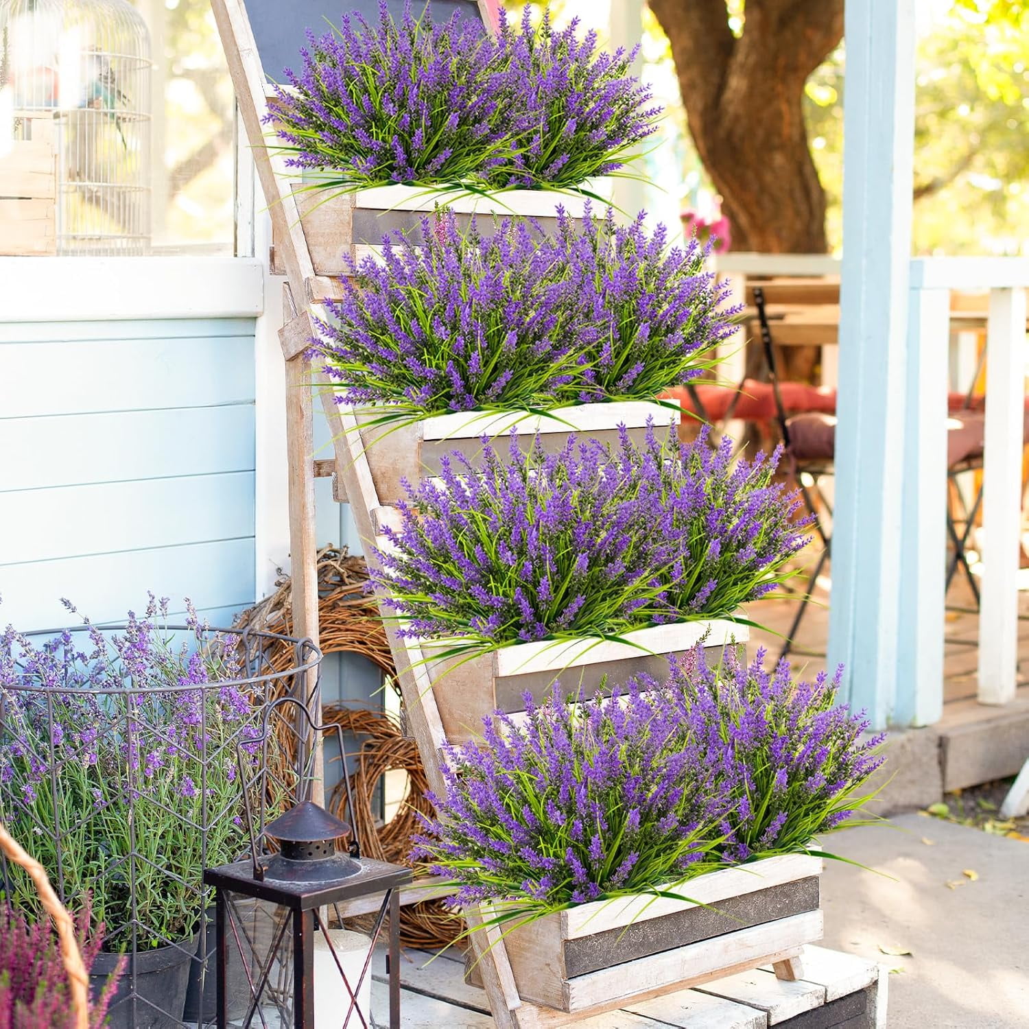 N&T NIETING Artificial Plants Outdoor, 20 Bundles Fake Monkey Grass with Spring Flowers, UV Resistant Faux Plants for Garden Window Office Patio Hanging Planter Pathway Front Porch Home(Purple)
