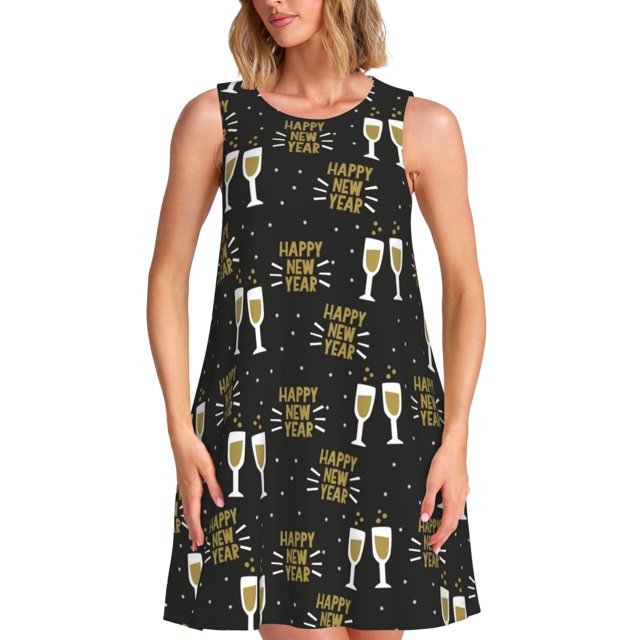 Easygdp Happy New Year para Vestido Transpirable de Mujer, Vestido Suelto de Manga Corta con Pliegues y Bolsillos para el Verano