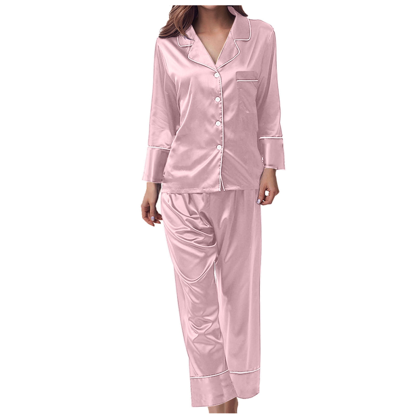 BONIXOOM Couples Christmas Pajamas Christmas Pajamas Women Sleepwear None Long Sleeve Solid Sleepwear Sets Pink XXL