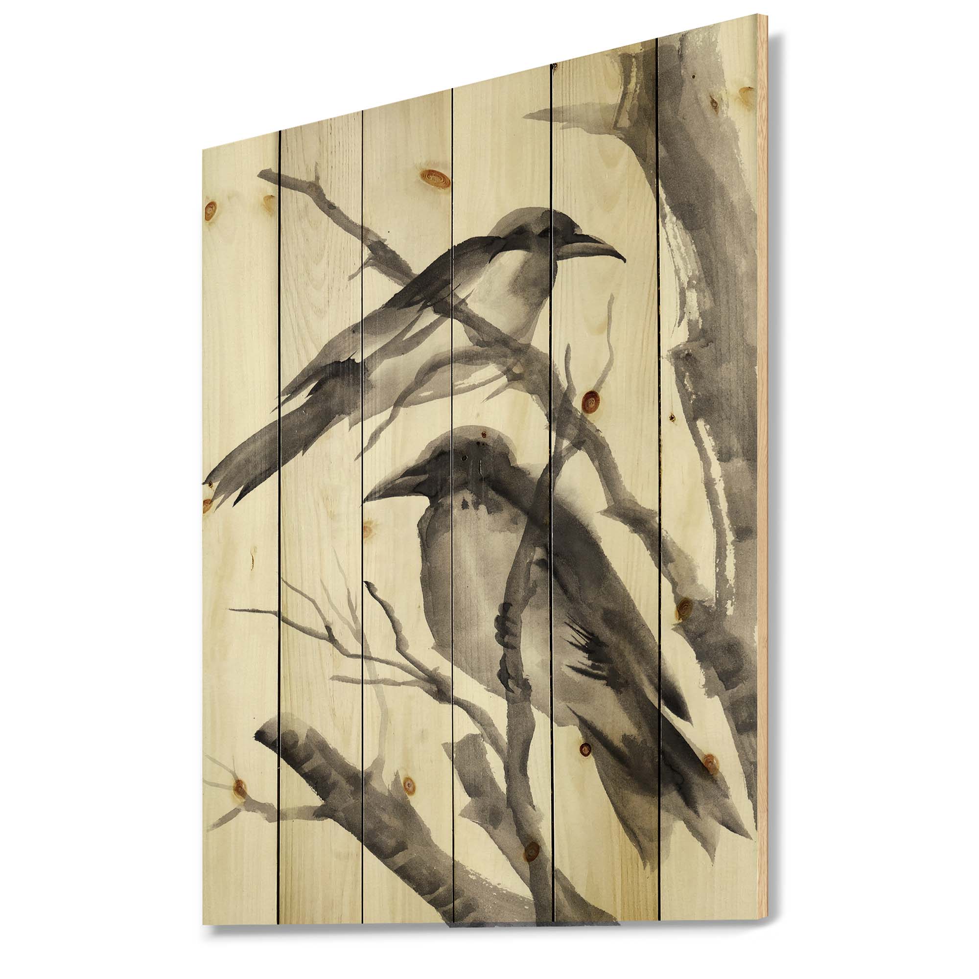 Designart 'Vintage Black and White Sleeping Crows' Traditional Print on Natural Pine Wood