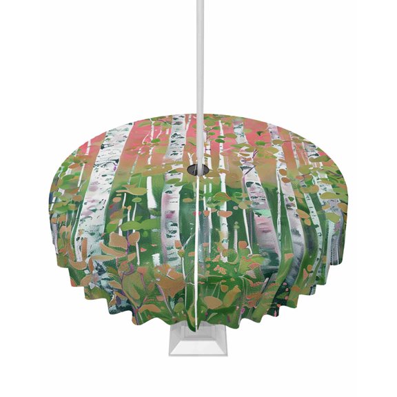 Fsddascl Green Pink Botanical Outdoor Tablecloth - 54 Inch Round Dining Table Cover, Contemporary Abstract Art Waterproof Outdoor Table Cloth with Umbrella Hole & Zipper for Picnic/Patio/Party