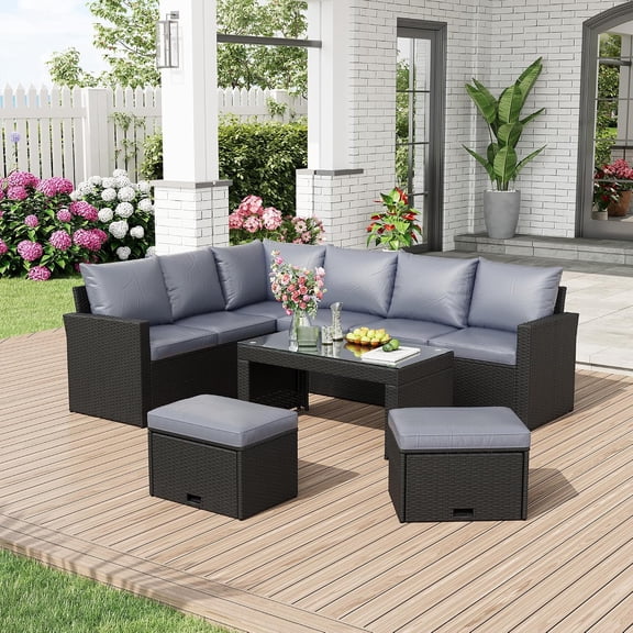 5 Piece Outdoor Patio Furniture Set with Cushions, PE Rattan Wicker Sectional Sofa Set with Coffee Table, Deep Seat Conversation Set for Balcony, Porch, Garden, Backyard, Sunroom,Black