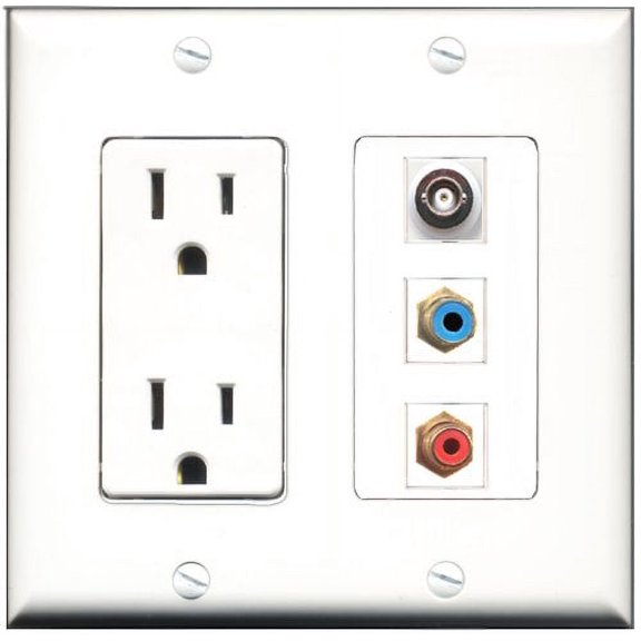 RiteAV - 15 Amp Power Outlet 1 Port RCA Red 1 Port RCA Blue 1 Port BNC Decorative Wall Plate