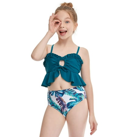 

Seyurigaoka Parent-Child 2Pcs Swim Suit Open Hem Halter/Sling Tops with Triangle Bottoms