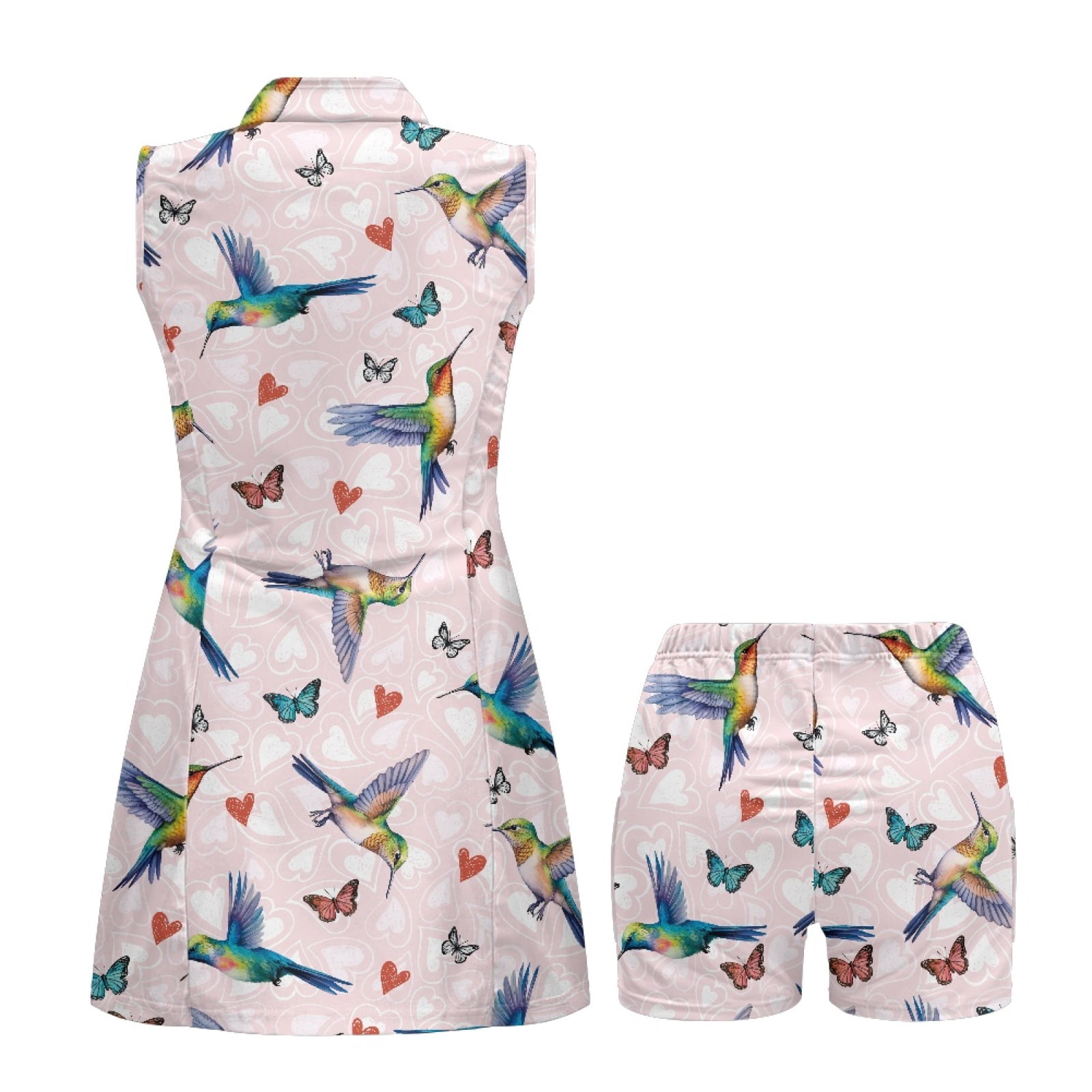 COEQINE Hummingbird Butterfly and Heart Pink Print Golf Dresses for Women with Pockets and Shorts Sleeveless V-Neck Exercise Dresses 2 Piece Set Breathable Workout Outfits, M