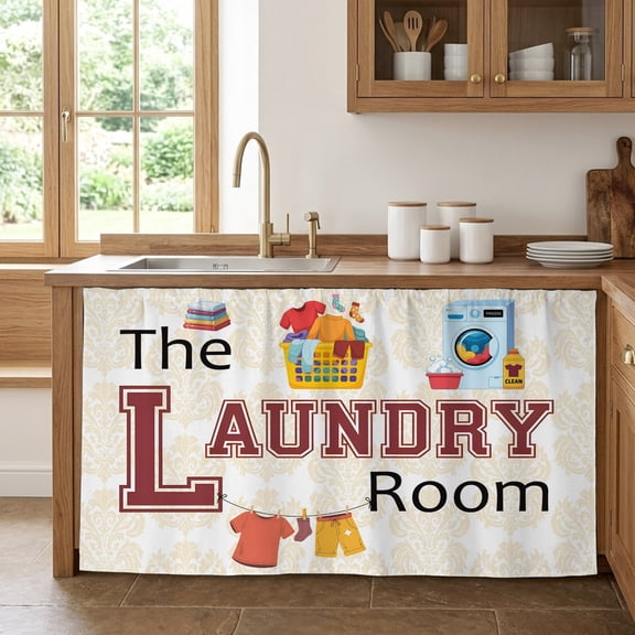 The Laundry Room Cabinet Curtains for Kitchen 32"W x 55"L, Vintage Yellow Laundry Routine Classic Flower Pantry Curtain Skirt Magic Tape Short Curtains Decor Privacy Panel for Utility Closet Bathroom