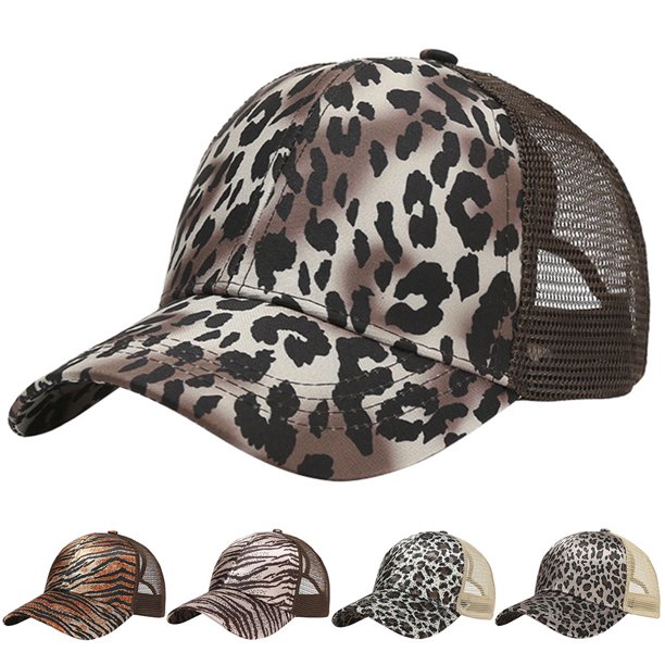 Yesbay Women High Ponytail Baseball Cap Leopard Print Anti UV Hat