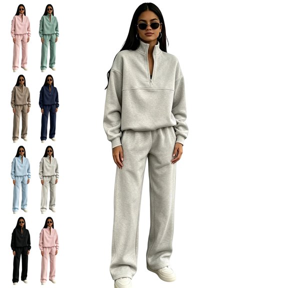Womens Sweatsuits 2 Piece Set Trendy Lounge Sets for Women Airport Travel Long Sleeve Half Zip Sweatshirt Sweatpants Fall Outfits for Women Light Gray M
