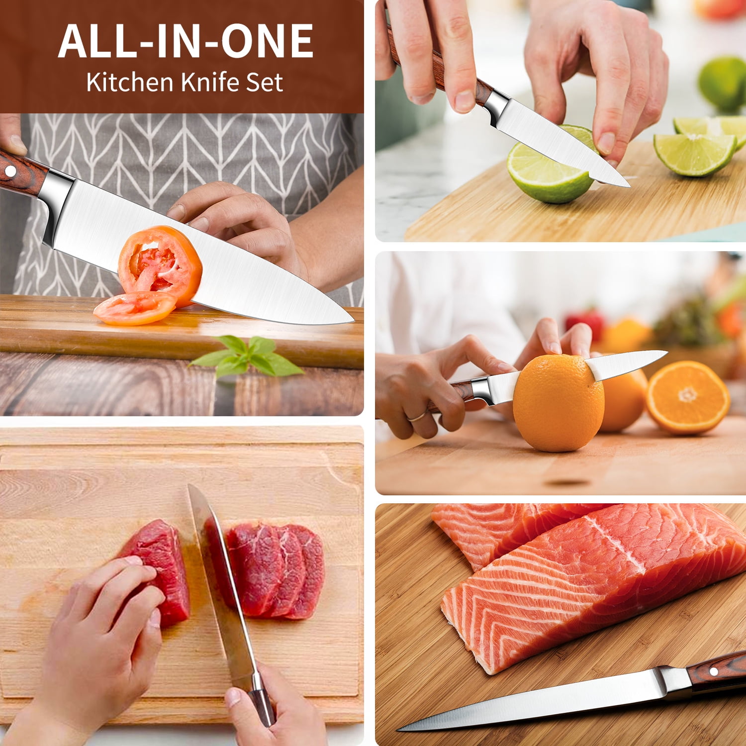 TINANA 5 PCS Kitchen Knife Set, Ultra-Sharp Stainless Steel Chef Knives with Ergonomic Pakkawood Handles for Cooking and Chopping