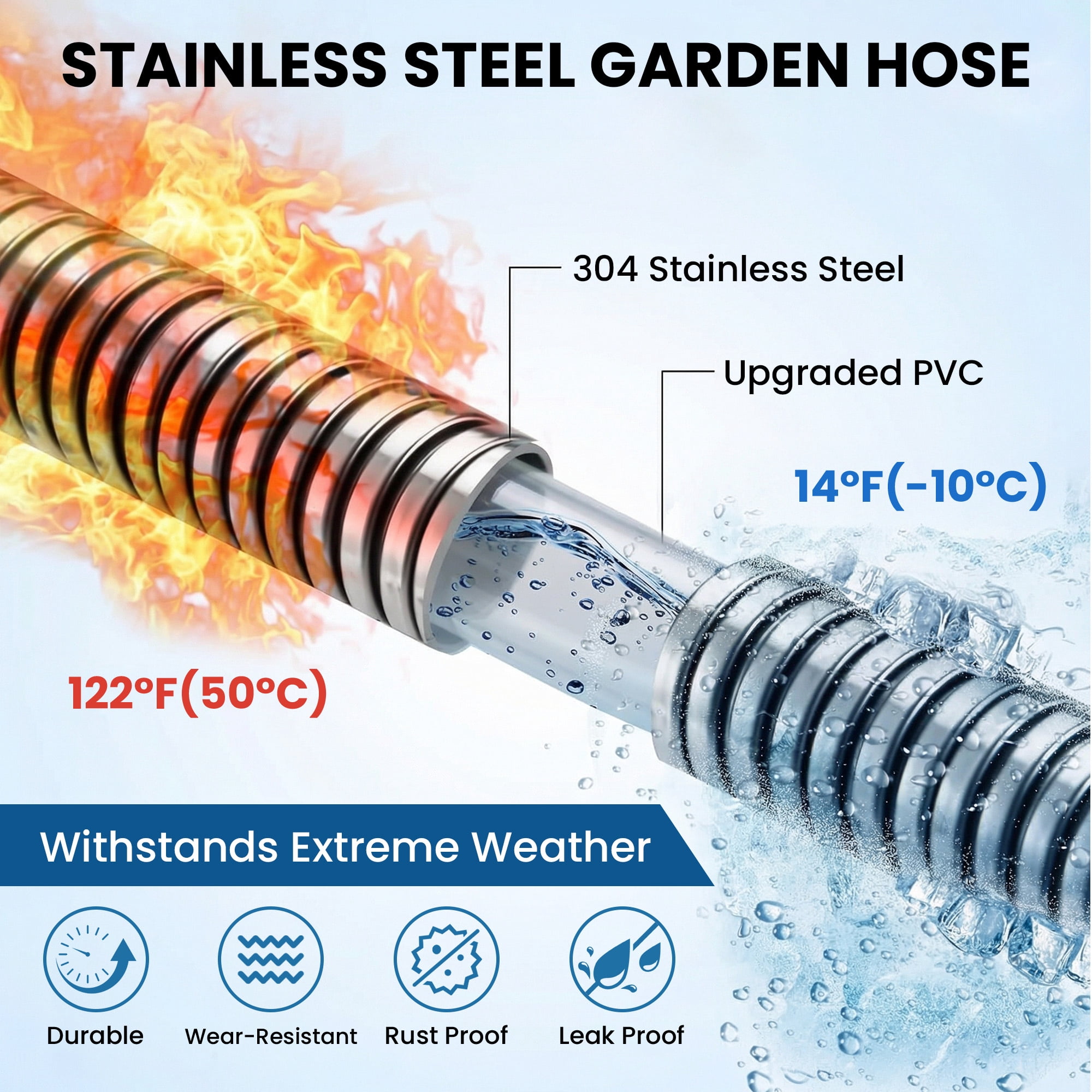 OHHANI Garden Hose 5/8" x 150ft with 10 Function Nozzle Stainless Steel Heavy-Duty Water Hose No Kink for Large Yard, Farm
