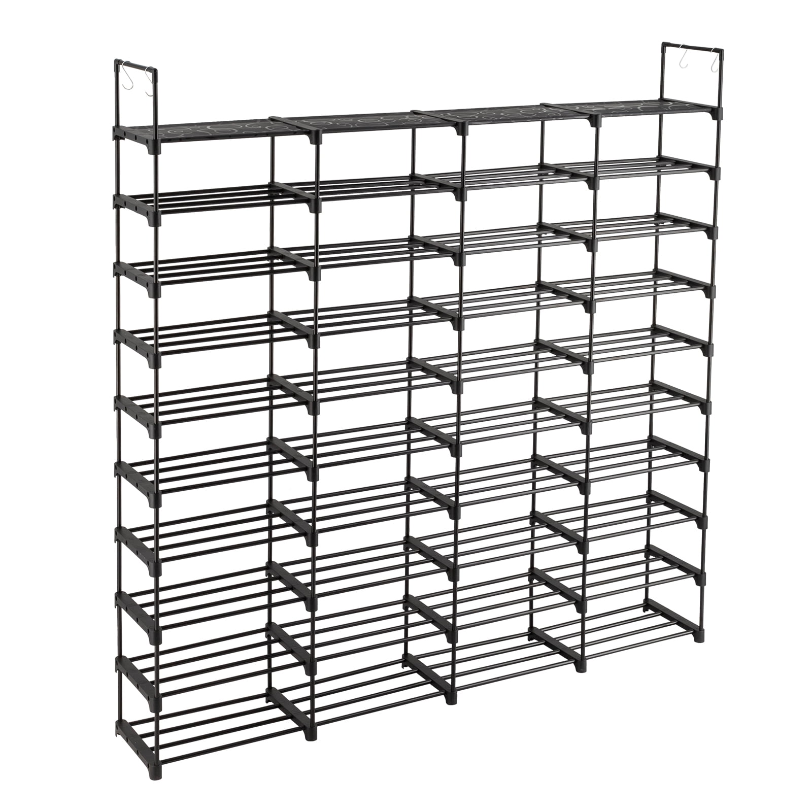 SESSLIFE 10 Tier Shoe Rack Organizer for Entryway 70-80 Pairs, DIY Stackable Shoe Rack for Closet Shoe Organizer with Sturdy Shelves and 4 Hooks, Metal Shoe Shelf Closet Organizer, Black