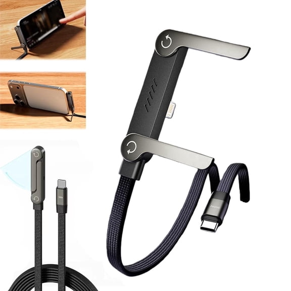 2-in-1 Invisible Holder Charger Cable, Sideways Phone Charger, 240W PD Fast Charging Cable with 360° Adjustable Metal Stand for Smartphones Tablets