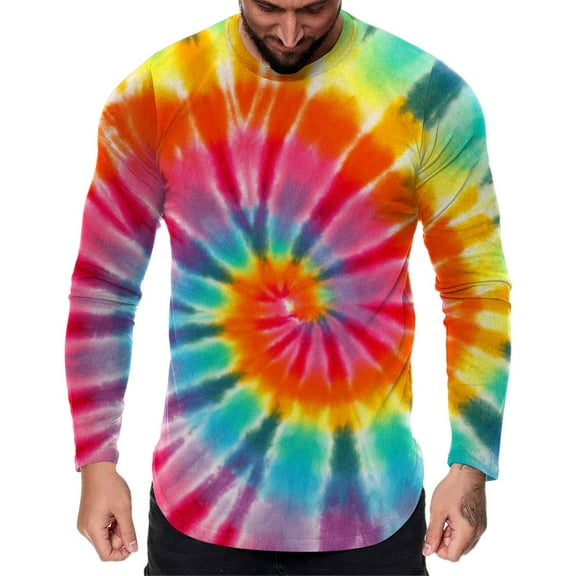 Autumn T Shirts for Man Round Neck Long Sleeve Tops Tie Dye Print Fall Blouses
