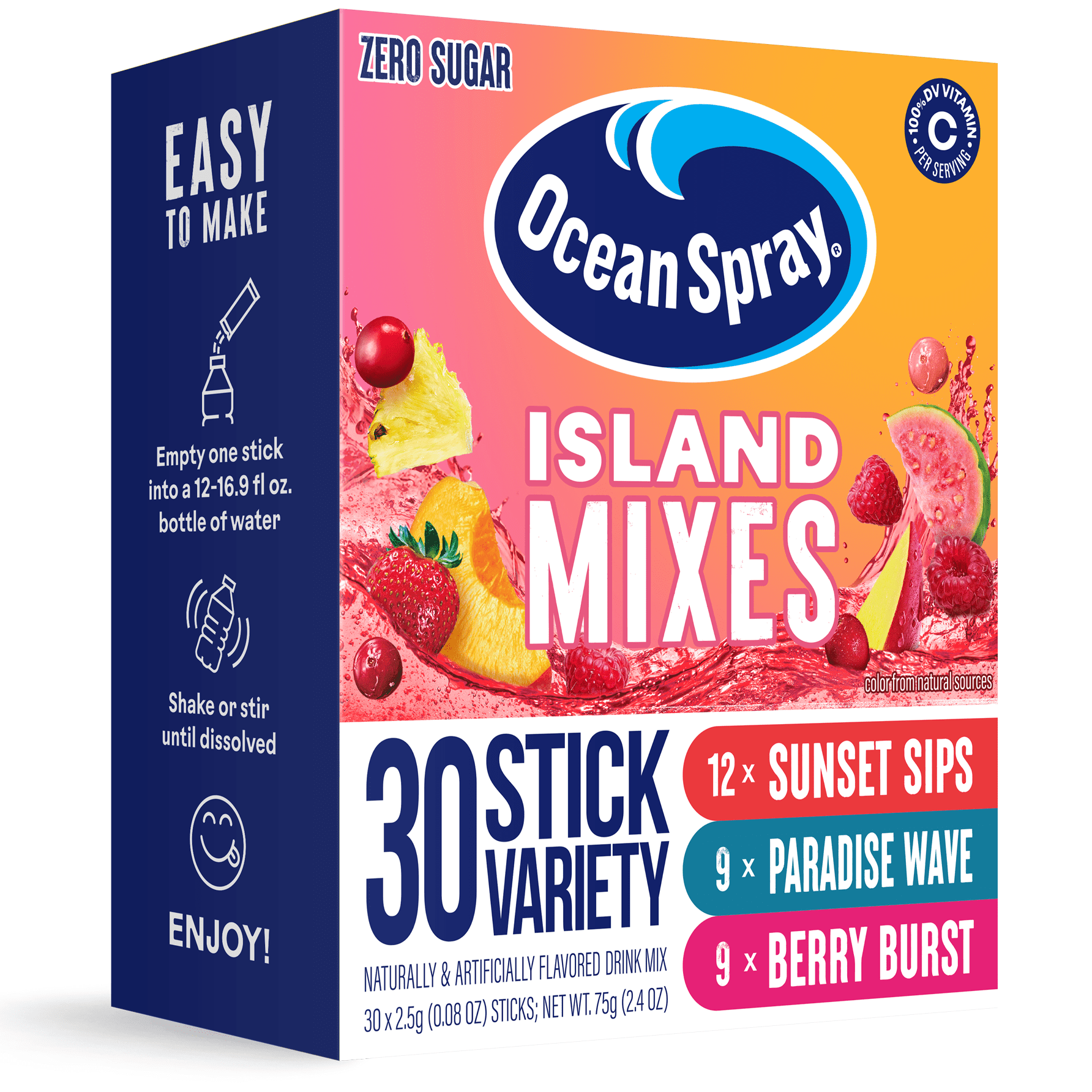 (2 pack) Ocean Spray Zero Sugar Powdered Drink Mix, Island Mix Variety pack, 30 Sticks
