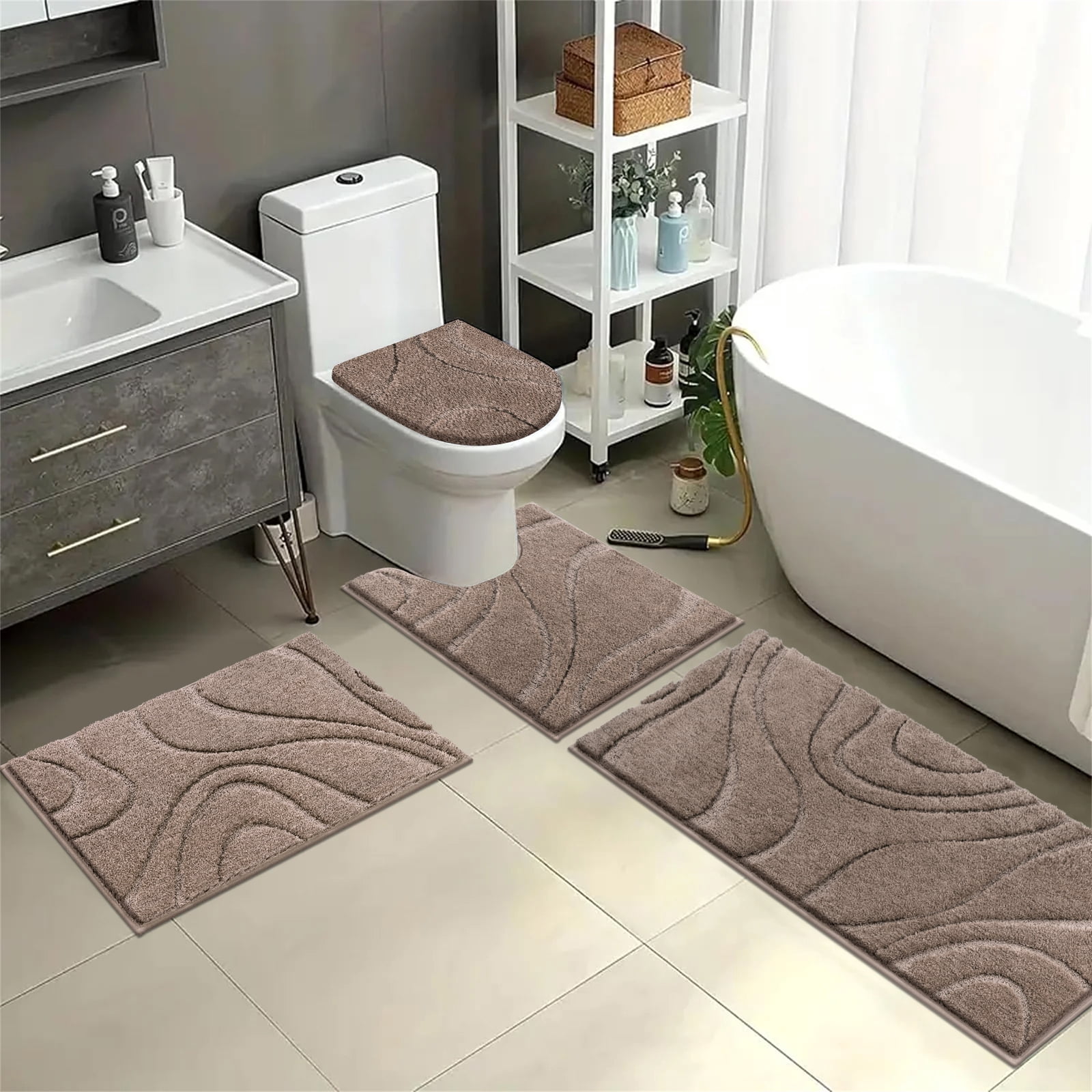 Ileading Bathroom Rugs Sets 4 Piece, Super Soft and Absorbent Non Slip Microfiber Toilet Bathroom Mats