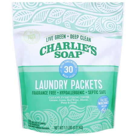Charlie’s Soap, Powdered Laundry Detergent 30 Packets, Fragrance Free, 1.1 lb -1 Pack