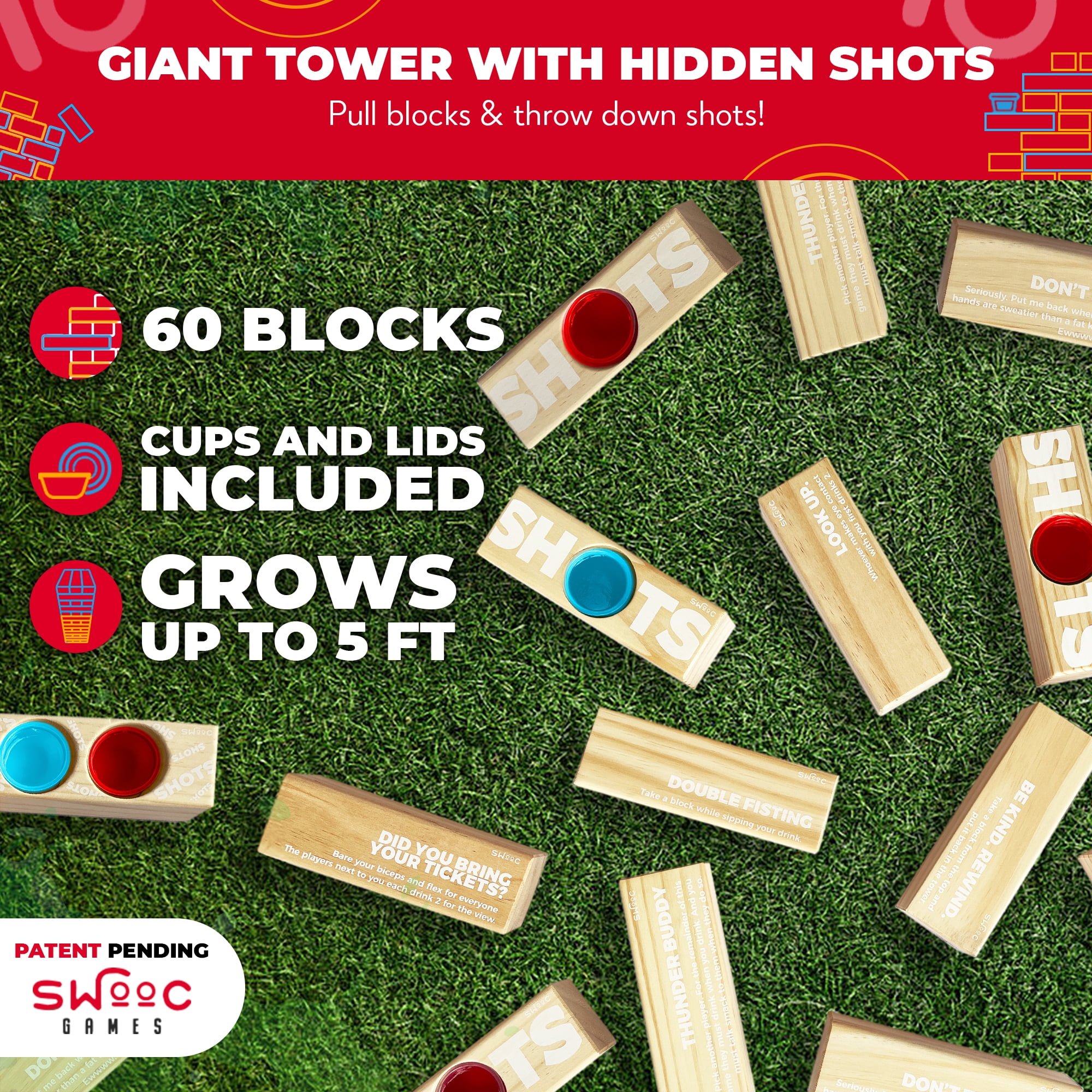 SWOOC Games - Giant Tower Party Game with Hidden Jello Shots - Includes Disposable Cups, Lids & Carrying Case - Stacks up to 5ft - Tipsy Topple Game For Adults - Giant Outdoor Games - Jumbo Bar Games