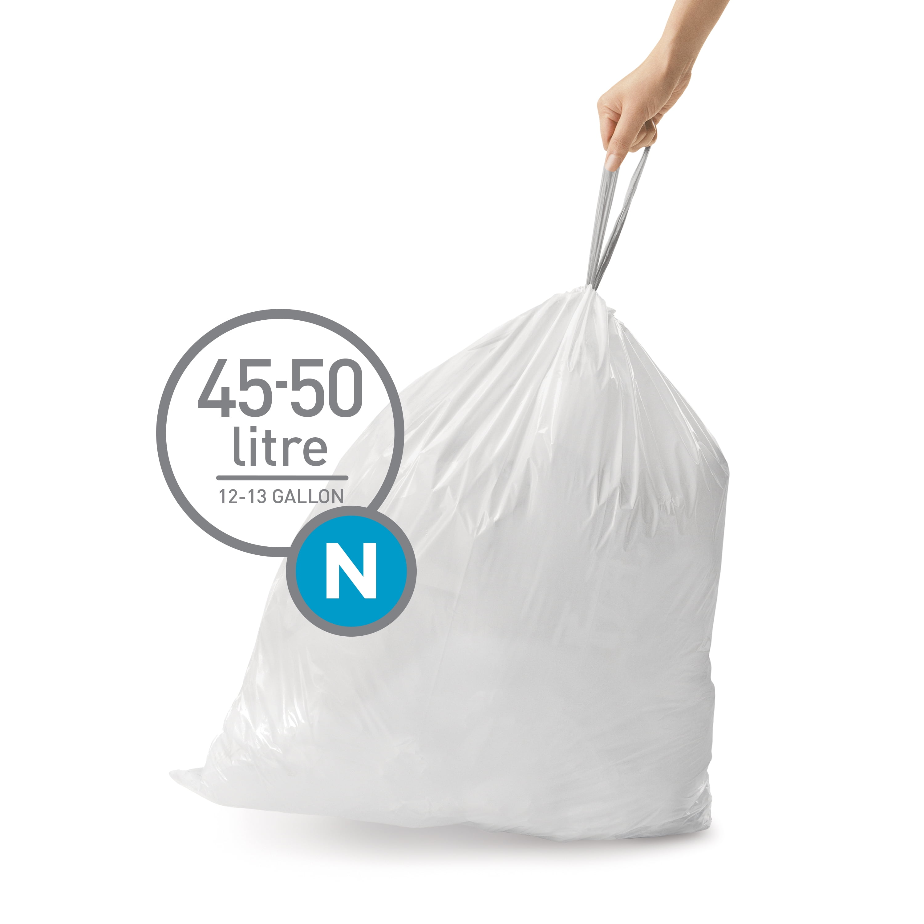 Plasticplace simplehuman (X) Code N Compatible Drawstring Garbage Liners 12-13 Gallon / 45-50 Liter 22.75 x 31.5, 50 Count, White