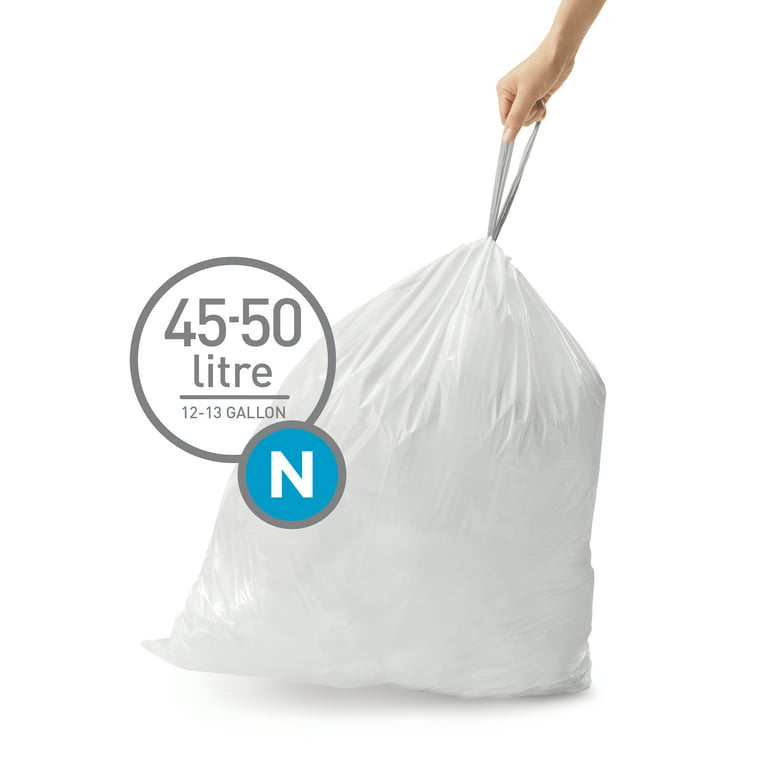 simplehuman Code N Custom Fit Drawstring Trash Bags, 100 Count, 45-50 Liter  / 12-13 Gallon, White