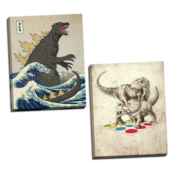 Gango Home Decor Vertical The Great Monster off Kanagawa & The Ultimate Battle by Michael Buxton (Ready to Hang); Two 16x20in Hand-Stretched Canvases
