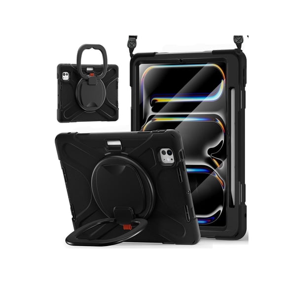 Cover Case for iPad Pro 11 Inch M4 2024 5th Generation A2836/A2837/A3006 with Built-in Screen Protector, 360° Rotating Stand, Adjustable Shoulder Strap, Hand Shoulder, Pencil Holder