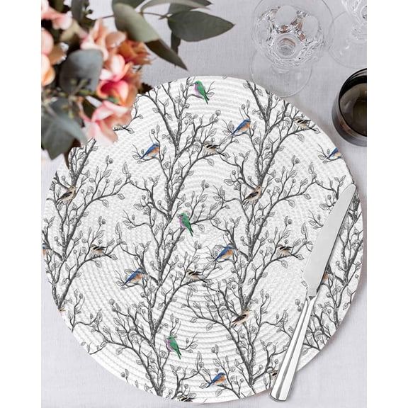 15 Inch Round Placemats Set of 4, Natural Trees Branches Non Slip Heat Insulation PP Table Mats, Colored Birds Vintage Rustic Washable Place Mats for Kitchen Dining Party Table Decor