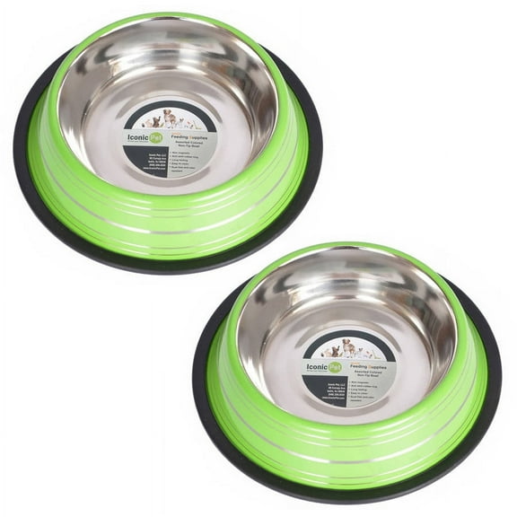 Iconic Pet 2-Pack Color Splash Stripe Non-Skid Pet Bowl, For Dog or Cat, Green, 16 Oz, 2 Cup