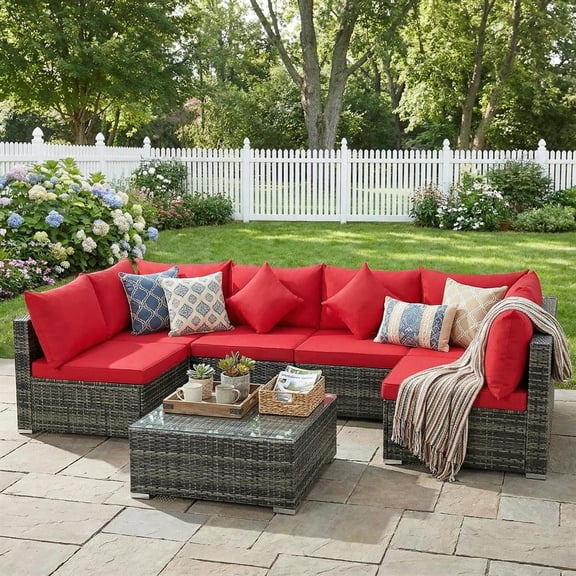 Topcobe 7 Pieces Patio Rattan Furniture Set Sectional Sofa Garden Cushion, Outdoor Furniture, Red