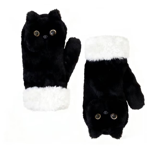 CaiYueKe Black Cat Plush Warm Gloves - Windproof Thermal Gloves with Faux Fur Lining for Cycling Driving Touchscreen, Cold Weather Handwear Outdoor Sports for Men Women