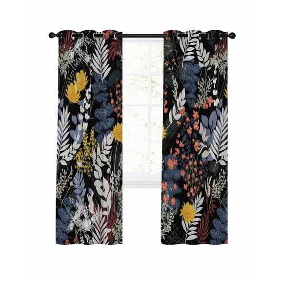 Country Floral Blackout Curtains for Bedroom Living Room, Watercolor Wildflowers Plant Leaves Black 72 In Long Thermal Insulated Room Darkening Drapes Grommet Window Treatments, 52 x 72 In