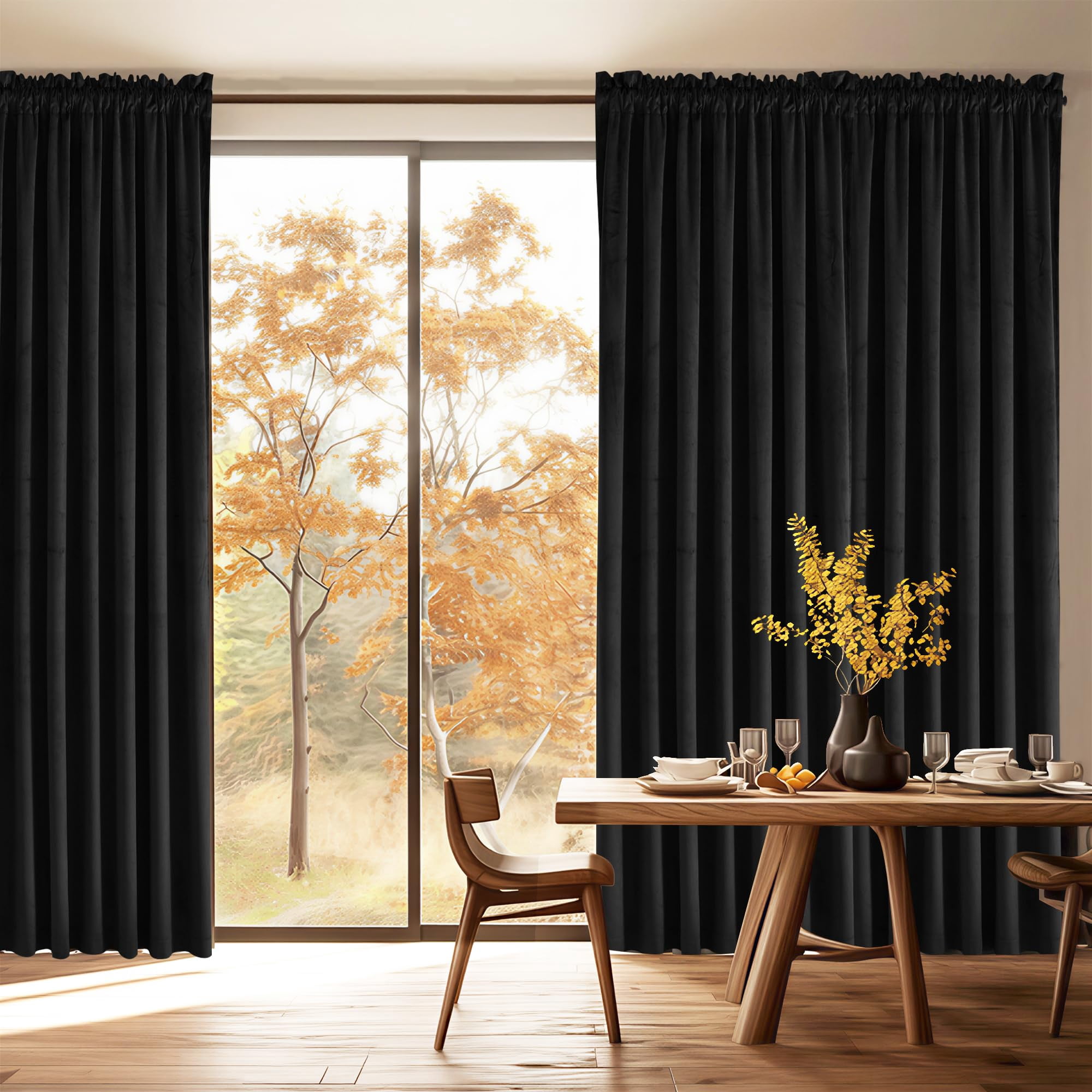 JIUZHEN Black 60 x 96 inches Velvet Blackout Curtains - Extra Wide Insulated Window Covering Noise Absorbing & Privacy Protect Drapes for Living Room/Indoor Decorations, Set of 2 with Tiebacks