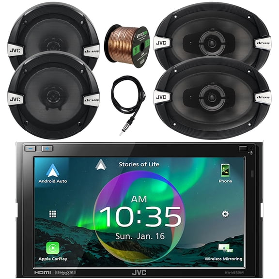 JVC Double DIN 6.8" Touchscreen HDMI/WiFi Bluetooth USB Digital Multimedia Car Radio Receiver, 2x 6.5" 300 Watt 2-Way Vehicle Speakers, 2x 6x9" 500 Watt 3-Way Automotive Speakers, Wire, 22" Antenna