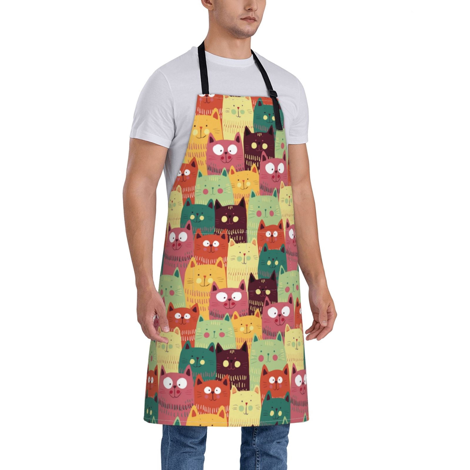 Kdxio Cute Cartoon Cat Apron with Pockets Adjustable Kitchen Aprons for Men Women Waterproof Aprons for Cooking,Drawing,Crafting, Baking Household Cleaning