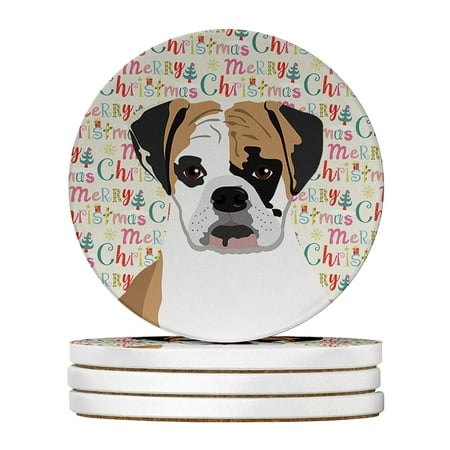 

English Bulldog Tricolor #2 Christmas Large Sandstone Coasters Pack of 4 4 in x 4 in