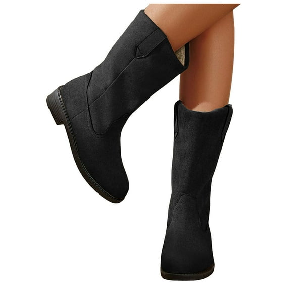 Rokment Women's Wide Calf Snow Boots 2025 Fleece Lined Winter Warm Fashion Suede Low Heel Tall Dress Booties