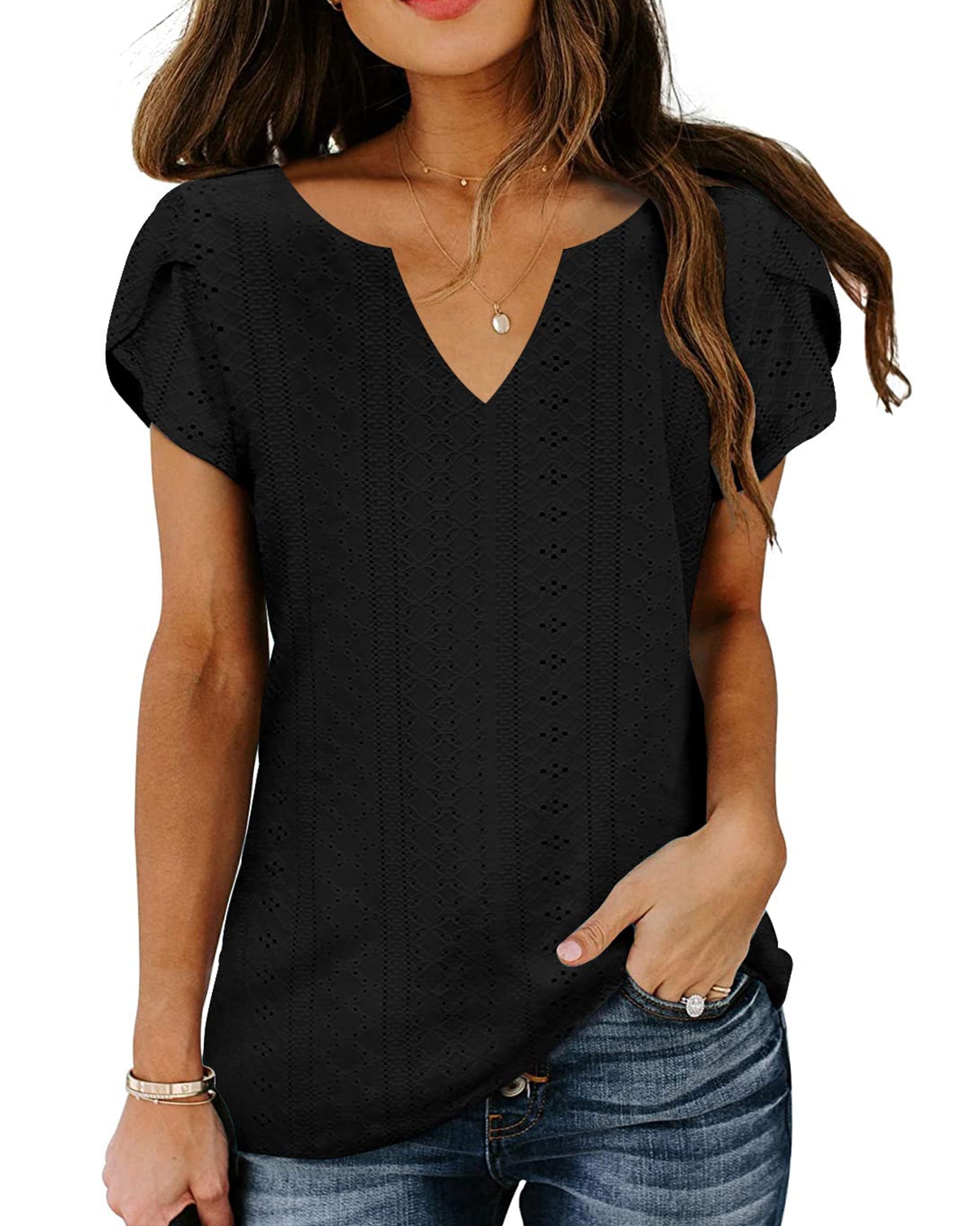 TEMOFON Women T-shirts Summer Short Sleeve Tops Casual Ruffle Sleeve Tunic Tops Trendy V Neck Tops Loose Ladies Shirts Blouses Black M