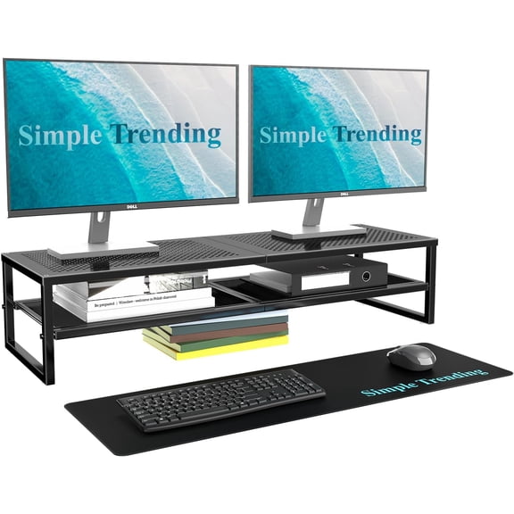 2 Tier Metal Dual Monitor Stand Riser,Computer Office Desktop Organizer for 2 Monitors With 32"x10" Mouse Pad ,for Laptop,Printer,TV,Black