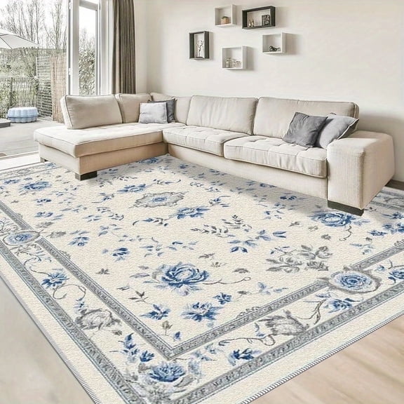1PC Blue and White Floral Regional Carpet Local Carpet, Lightweight Washable Easy-to-Tidy Carpet Mat Festival Gift, Suitable for Living Room, Bedroom, Dining Room, Office, Balcony, Room Accessories
