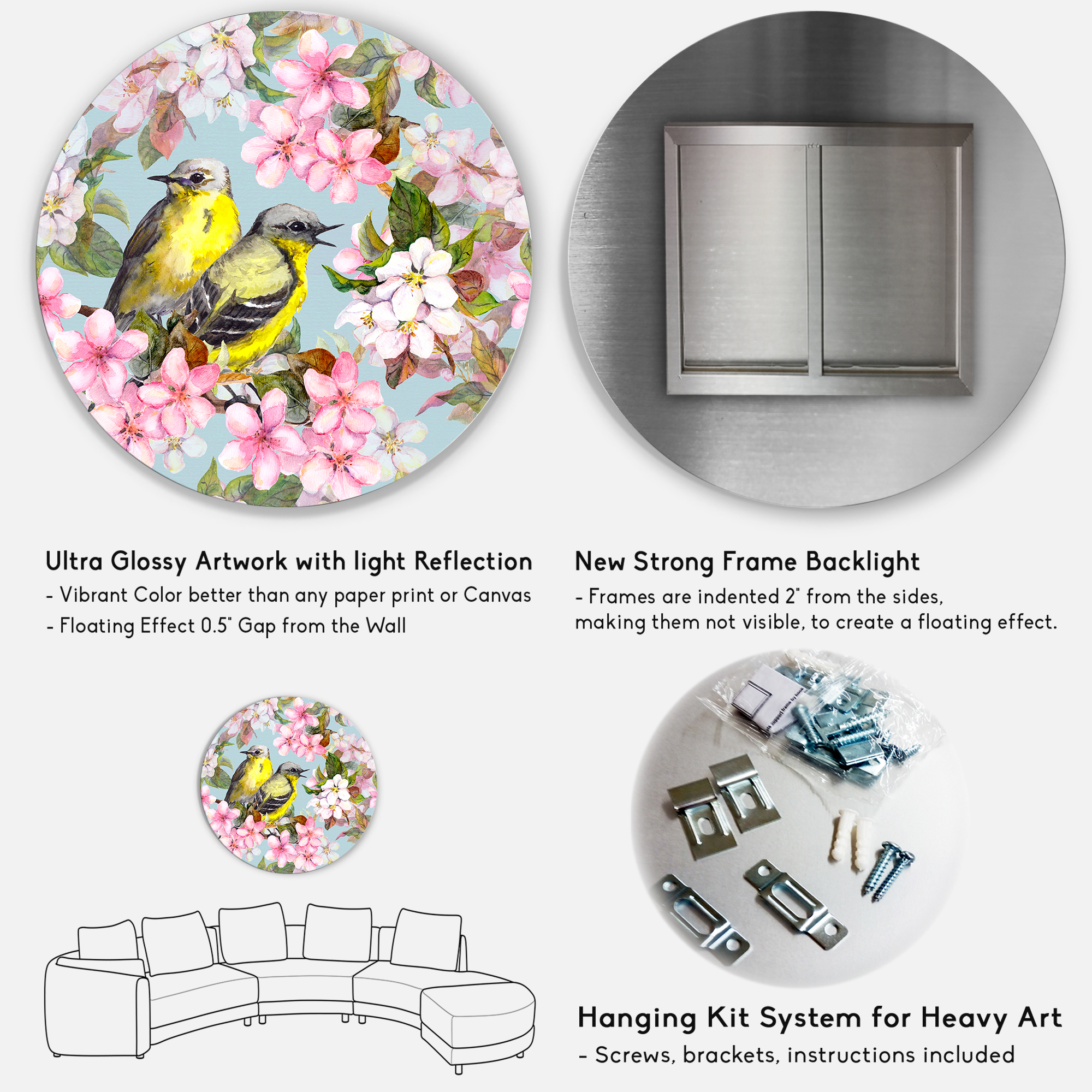 Designart 'Birds On Pink Cherry Sakura and Apple Flowers II' Traditional Circle Metal Wall Art 36x36 - Disc of 36