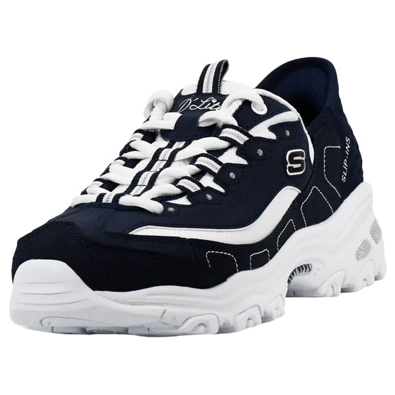 Skechers Casual Sneakers for Women Dlites New Classic Hands Free Shoes Breathable Leather Mesh Slip on Cushioned Support Athletic Footwear